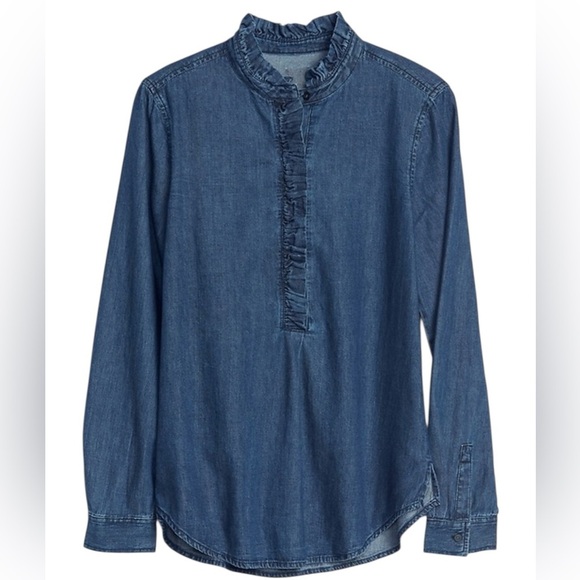 GAP Denim Ruffle Trim Popover Shirt Cottagecore Prairie Dark Indigo Blue XSP - Picture 4 of 12